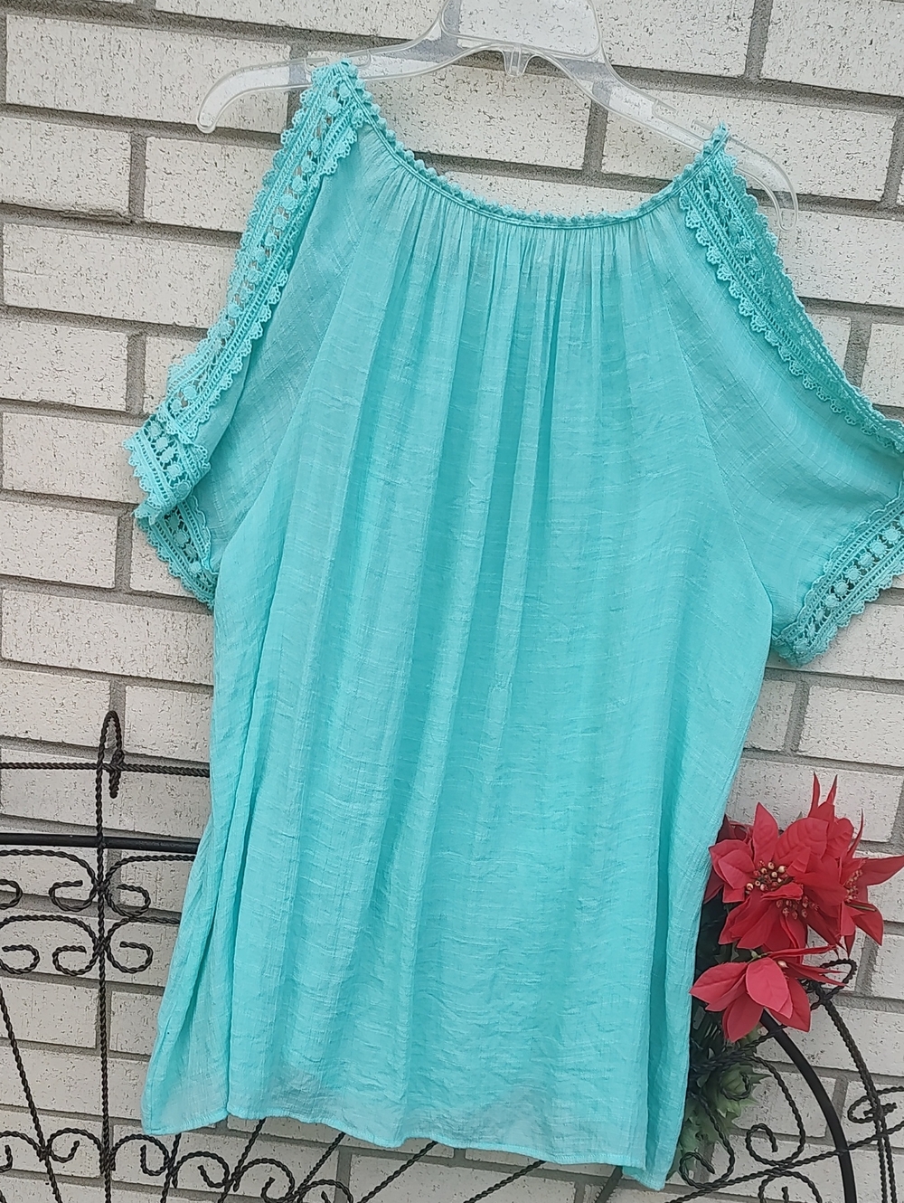 Lightweight Aqua Cold-Shoulder Crochet Trim Tunic - Picture 10 of 10